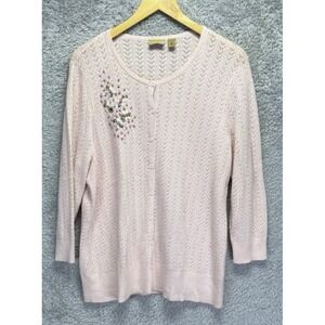 Womens 1X Embroidered Soft Pink Cardigan Sweater Grandma Cottagecore Wool Angora